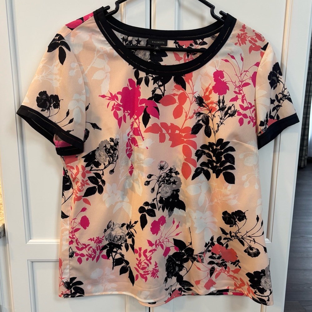 Talbots Women’s Floral Lace Top Pink Blouse Size 12 Lightweight Short Sleeve
